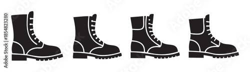 Four black combat boots vector icons showcasing various styles of sturdy footwear for military, work, or fashion purposes, presented as a collection of graphic elements.