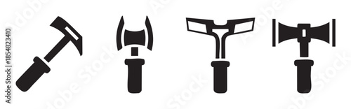 Four different types of axes and hatchets are displayed as black silhouette icons, representing various cutting and chopping tools.