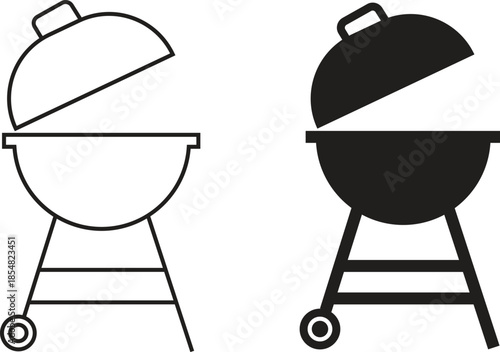 Grill barbecue icons set in flat, outline styles. Outdoor cooking bbq symbols collection, charcoal fire grill silhouette and camping kitchen equipment black vectors isolated on transparent background.