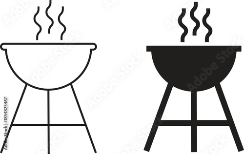 Grill barbecue icons set in flat, outline styles. Outdoor cooking bbq symbols collection, charcoal fire grill silhouette and camping kitchen equipment black vectors isolated on transparent background.
