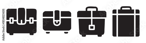 Four distinct styles of business briefcases and travel suitcases are depicted as elegant, minimalist black silhouette icons, perfect for various design projects.