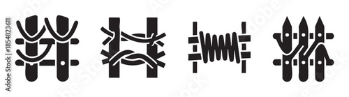 Various types of fences and barriers are depicted as simple black icons, showcasing different construction methods and materials in a clean, graphic style.