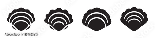 Oyster shell icons set in a minimalist black and white style, representing seafood, ocean life, and culinary themes for various design projects.