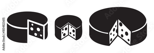 Three black and white cheese wheels with slices cut out are presented as a versatile and clean graphic illustration for food concepts.