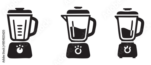 Three kitchen blenders appliance icons set, showcasing different designs for mixing, blending, and preparing healthy food and drinks.