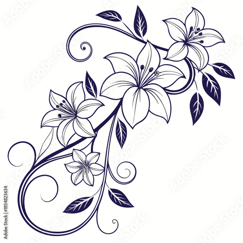 clematis white and purple line art on white