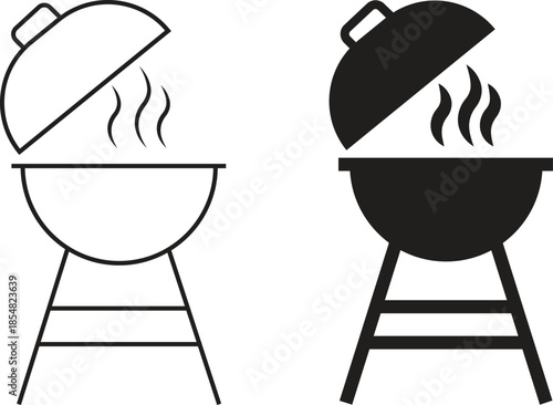 Grill barbecue icons set in flat, outline styles. Outdoor cooking bbq symbols collection, charcoal fire grill silhouette and camping kitchen equipment black vectors isolated on transparent background.