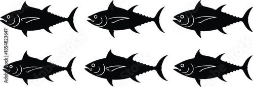 Set of Minimalist black tuna fish swimming side view silhouette vector icon