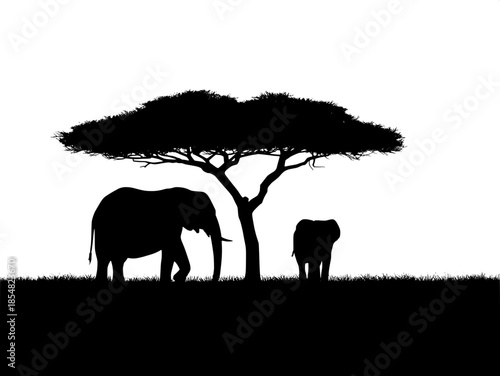 Minimalist silhouette illustration of an African savanna, featuring two elephants—one large and one smaller—standing beneath a wide acacia tree, solid black shapes on a stark white background, flat pe