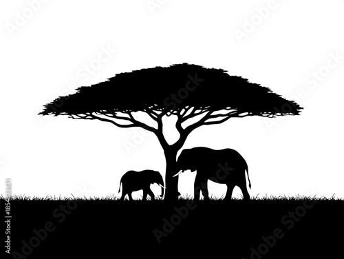 Minimalist silhouette illustration of an African savanna, featuring two elephants—one large and one smaller—standing beneath a wide acacia tree, solid black shapes on a stark white background, flat pe