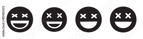 Four black emoji faces with X eyes and wide smiles represent extreme joy, laughter, or a playful, dizzy feeling in a simple graphic design.