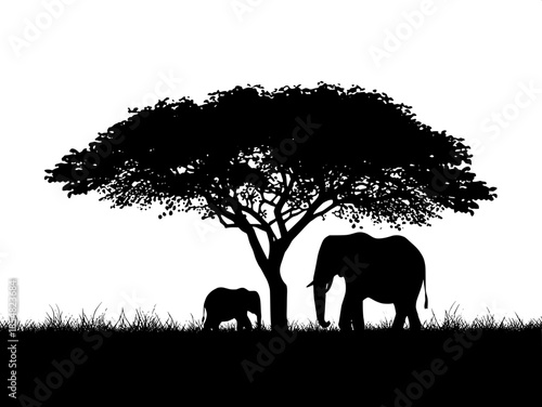 Minimalist silhouette illustration of an African savanna, featuring two elephants—one large and one smaller—standing beneath a wide acacia tree, solid black shapes on a stark white background, flat pe