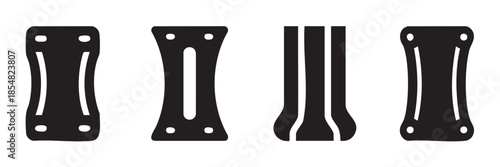 Four guitar headstocks vector icons showcasing various shapes and designs for musical instrument components and accessories in a simple black and white graphic style.