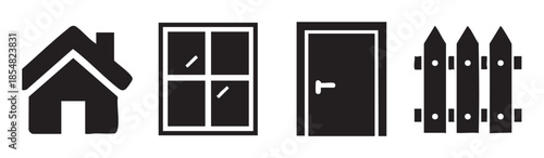 House window door fence icons represent various architectural and property elements for real estate, construction, and home improvement concepts.