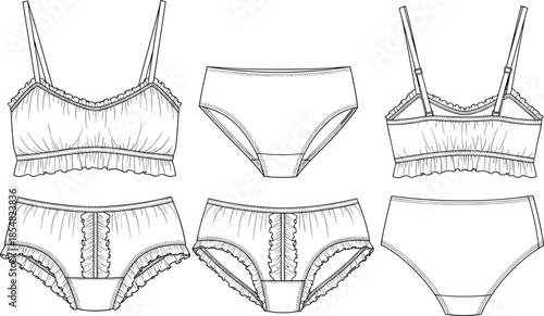 Women’s lingerie fashion illustration, bra and panties vector set, ruffled trim, lace detailing, garment design sketch, seamless underwear pattern, apparel template
