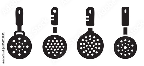Four kitchen skimmers or slotted spoons are displayed as a set of black silhouette icons, representing essential cooking utensils for draining food.