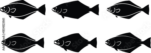 Set of Minimalist black halibut flatfish silhouette vector icon