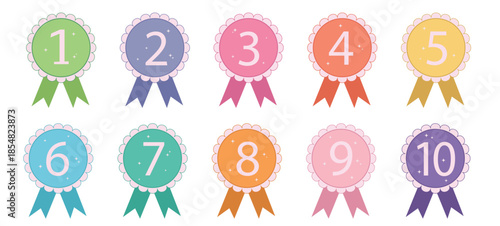 Cute pastel award badges rosette set with numbers 1 to 10