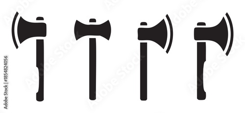 Four different black axe icons vector illustration set depicting various styles of chopping tools for lumberjack, carpentry, and outdoor adventure designs.