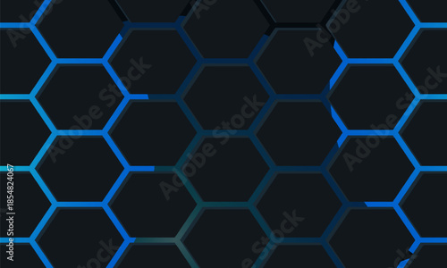 Dark hexagon abstract technology background with blue and pink colored bright flashes under hexagon. Hexagonal gaming vector abstract tech background.