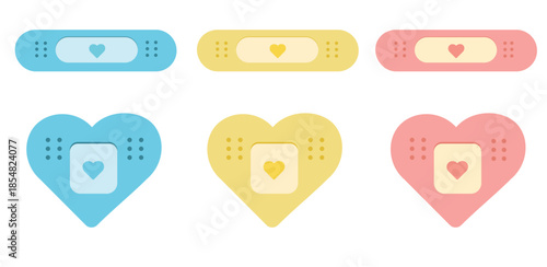 Cute pastel vector set of heart and rectangular bandages