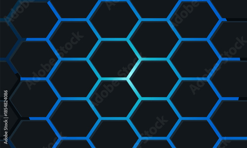 Dark hexagon abstract technology background with blue and pink colored bright flashes under hexagon. Hexagonal gaming vector abstract tech background.