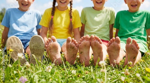Group of children sitting in green grass showing bare feet outdoors