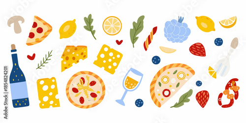 A colorful assortment of pizza fruit and refreshment illustrations on white