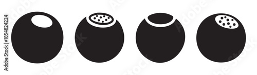 Four black olive icons illustrate different forms and characteristics of the popular fruit, ideal for use in food packaging or recipe illustrations.