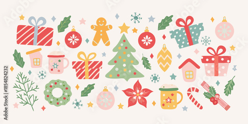 Festive christmas decorations including gifts trees and gingerbread a holiday scene