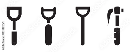 Assorted kitchen and hand tool icons are displayed as simple black silhouettes, representing various household implements and utensils.