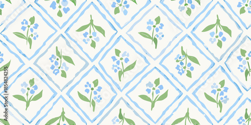 Delicate floral pattern with diamond shapes in shades of blue and green