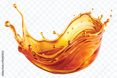 realistic fresh liquid honey or oil splash with drops  in curve style isolated on transparent background