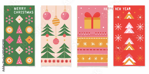 Festive christmas and new year patterned designs on rectangular backgrounds