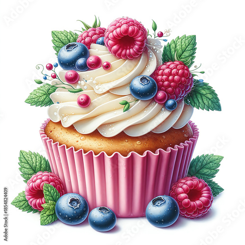 delicious cupcake in a pink wrapper with golden sponge cake and white cream. Decorated with fresh raspberries and blueberries with mint leaves
