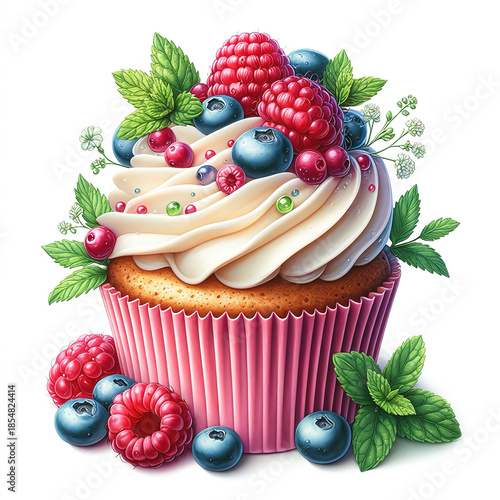 delicious cupcake in a pink wrapper with golden sponge cake and white cream. Decorated with fresh raspberries and blueberries with mint leaves