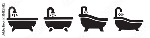 Bathtub icons with water pouring from faucets, a collection of simple black silhouettes illustrating bathroom fixtures and hygiene concepts.