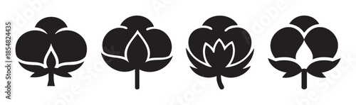 Four stylized cotton bolls or flowers in a simple graphic black and white icon set, representing natural fibers and textile production.
