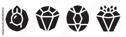 Four stylized black and white gemstones icons, showcasing various cuts and shapes of precious jewels, perfect for elegant design elements, luxury concepts, and valuable treasures.