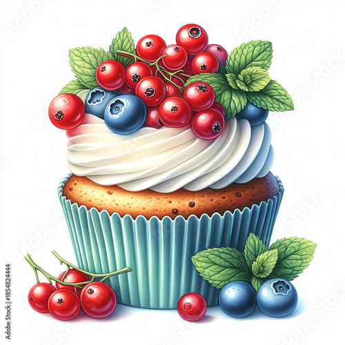 a cupcake in a light blue corrugated form, covered with white cream and decorated with fresh red currants, blueberries and mint sprigs.