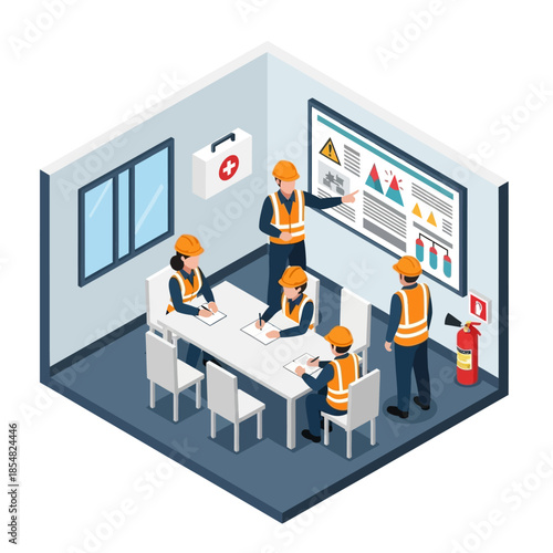 Isometric illustration of a safety training meeting with workers in hard hats and vests discussing workplace hazards and prevention strategies.