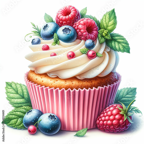 delicious cupcake in a pink wrapper with golden sponge cake and white cream. Decorated with fresh raspberries and blueberries with mint leaves
