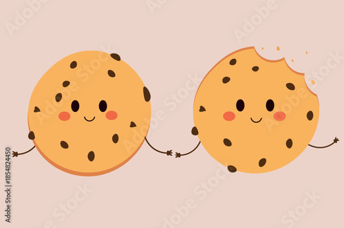 Two cute chocolate chip cookies holding hands vector illustration