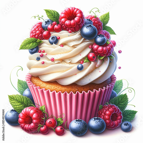 delicious cupcake in a pink wrapper with golden sponge cake and white cream. Decorated with fresh raspberries and blueberries with mint leaves
