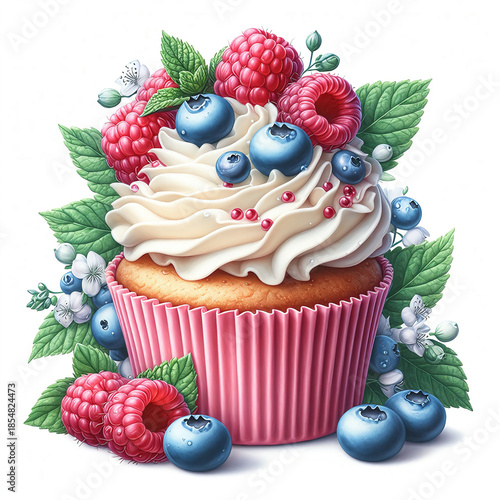delicious cupcake in a pink wrapper with golden sponge cake and white cream. Decorated with fresh raspberries and blueberries with mint leaves