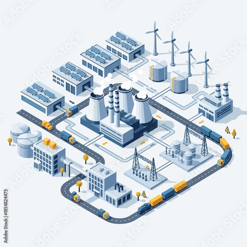 An isometric illustration of an integrated industrial energy grid with power plants, solar panels, wind turbines, factories, and transport infrastructure.