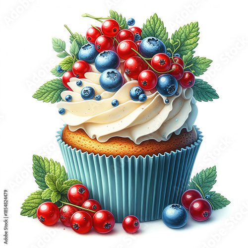a cupcake in a light blue corrugated form, covered with white cream and decorated with fresh red currants, blueberries and mint sprigs.