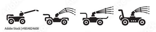 Automated water cannons and sprinklers are illustrated in a collection of four simple black silhouettes, showcasing various designs and spray patterns.