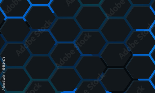 Dark hexagon abstract technology background with blue and pink colored bright flashes under hexagon. Hexagonal gaming abstract tech background, Modern.