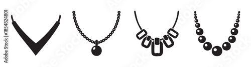 Four different types of necklaces are displayed in a collection of black silhouette illustrations, showcasing various styles of jewelry and fashion accessories.